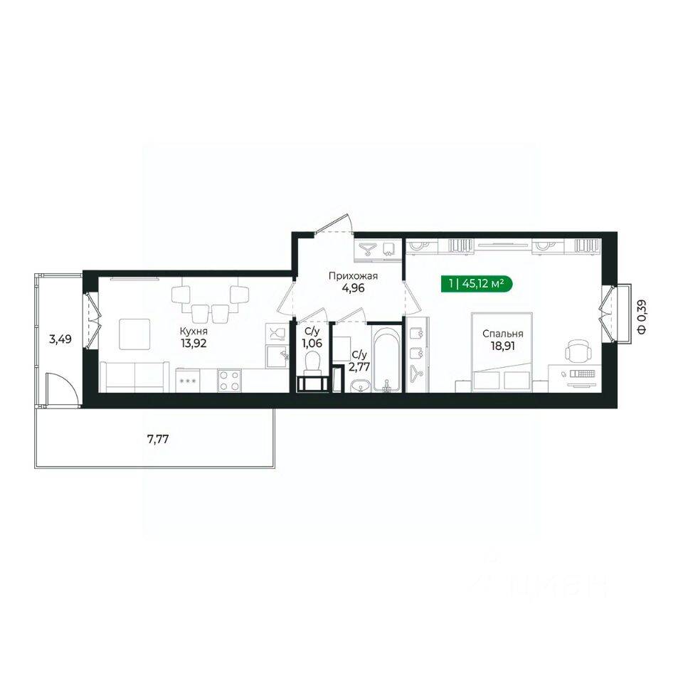 1-комн. квартира, 41,6 м², в ЖК Sertolovo Park