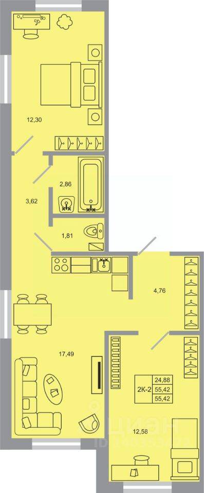 2-комн. квартира, 55,42 м², в ЖК Стороны света-2