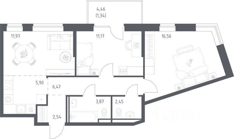 2-комн. квартира, 62,25 м², в ЖК «Живи! В Рыбацком»
