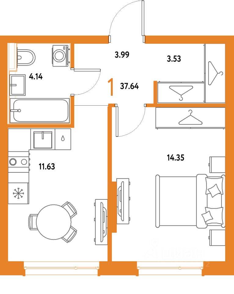 1-комн. квартира, 37,64 м², в ЖК Страна.Парковая