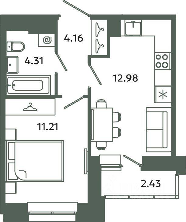 1-комн. квартира, 32,66 м², в ЖК Загляденье
