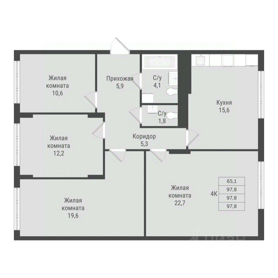 Планировка 4 комнатной квартиры, 97.8 м², в «Отрадный»