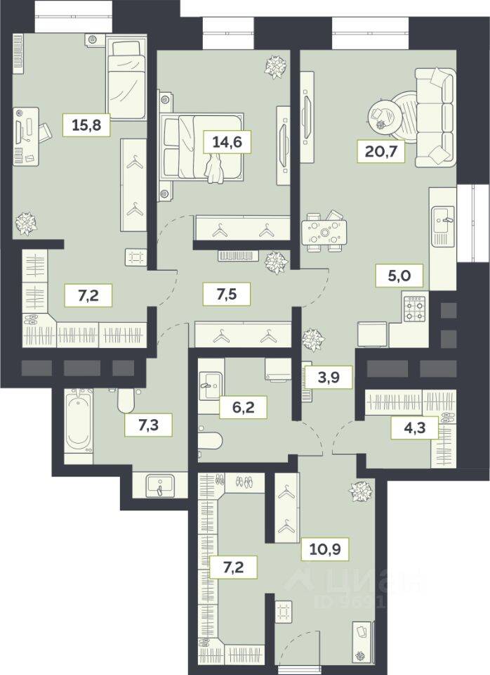 3-комн. квартира, 110,6 м², в ЖК «Лайм»