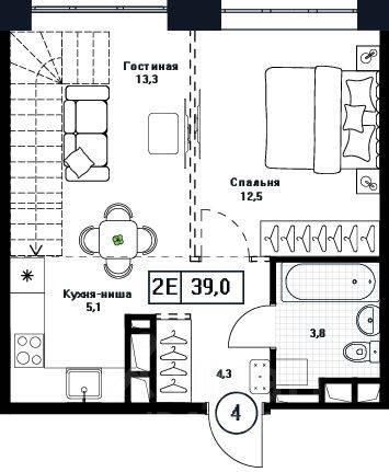 1-комн. квартира, 39 м², в ЖК Пушкино Град