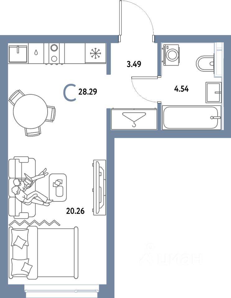 Планировка 1 комнатной квартиры, 28.29 м², в «Страна.Парковая»
