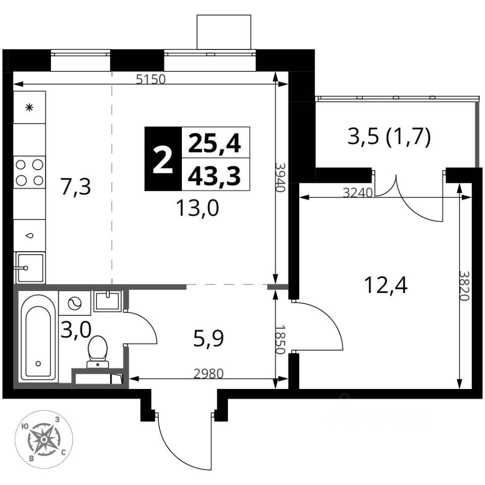 2-комн. квартира, 43,4 м², в ЖК 1-й Донской