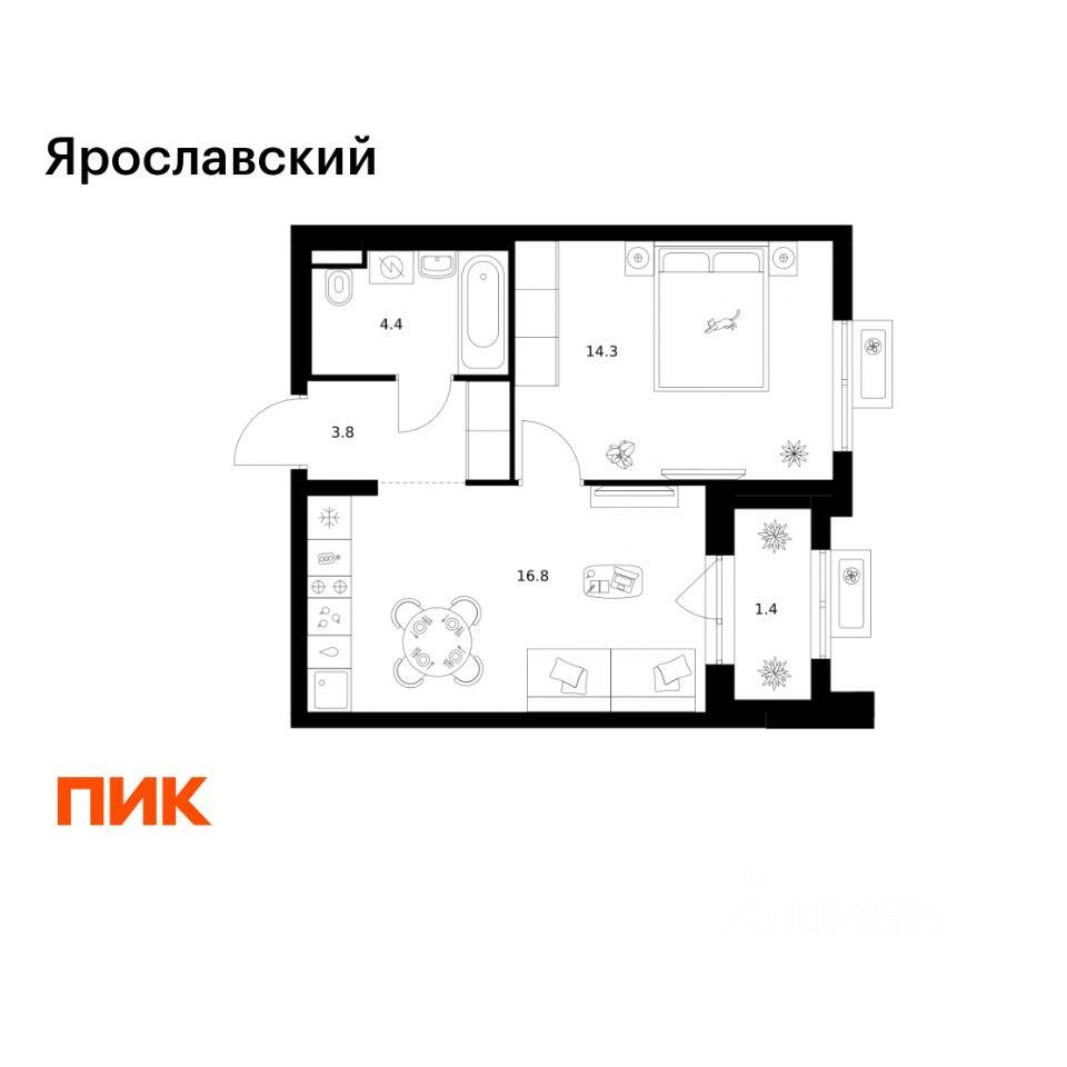 1-комн. квартира, 40,7 м², в ЖК «Ярославский»