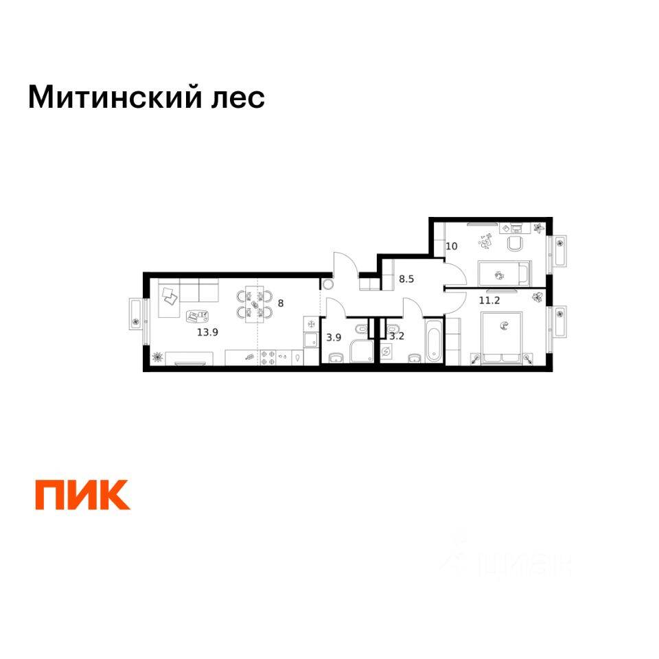 2-комн. квартира, 58,7 м², в ЖК Митинский лес