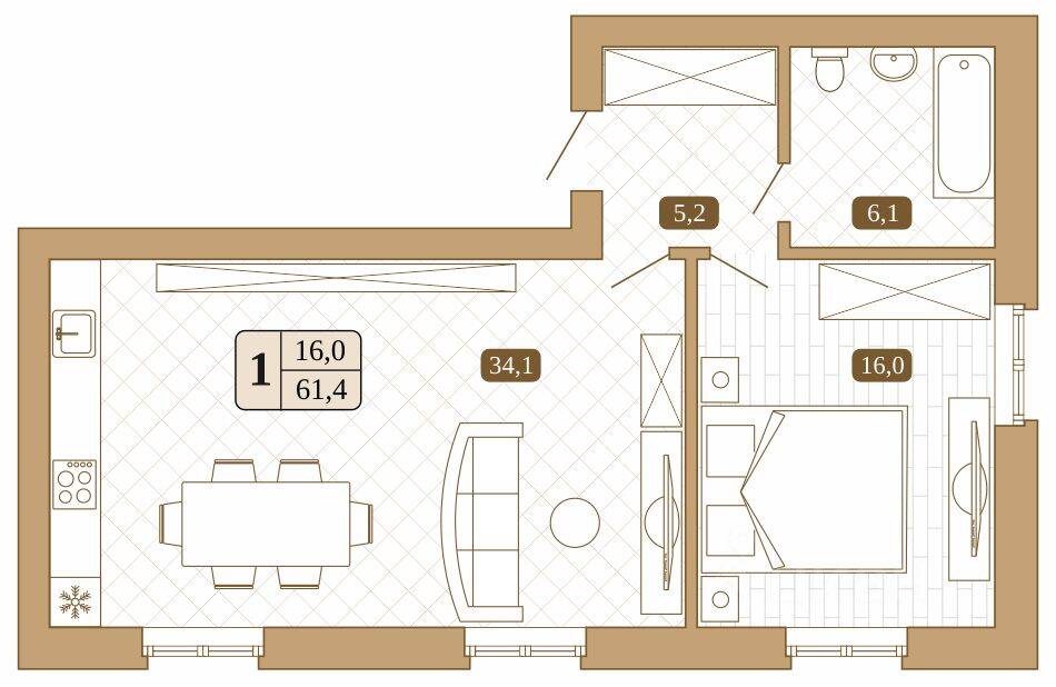 Планировка 1 комнатной квартиры, 61.4 м², в «Белый город (Сергиев Посад)»