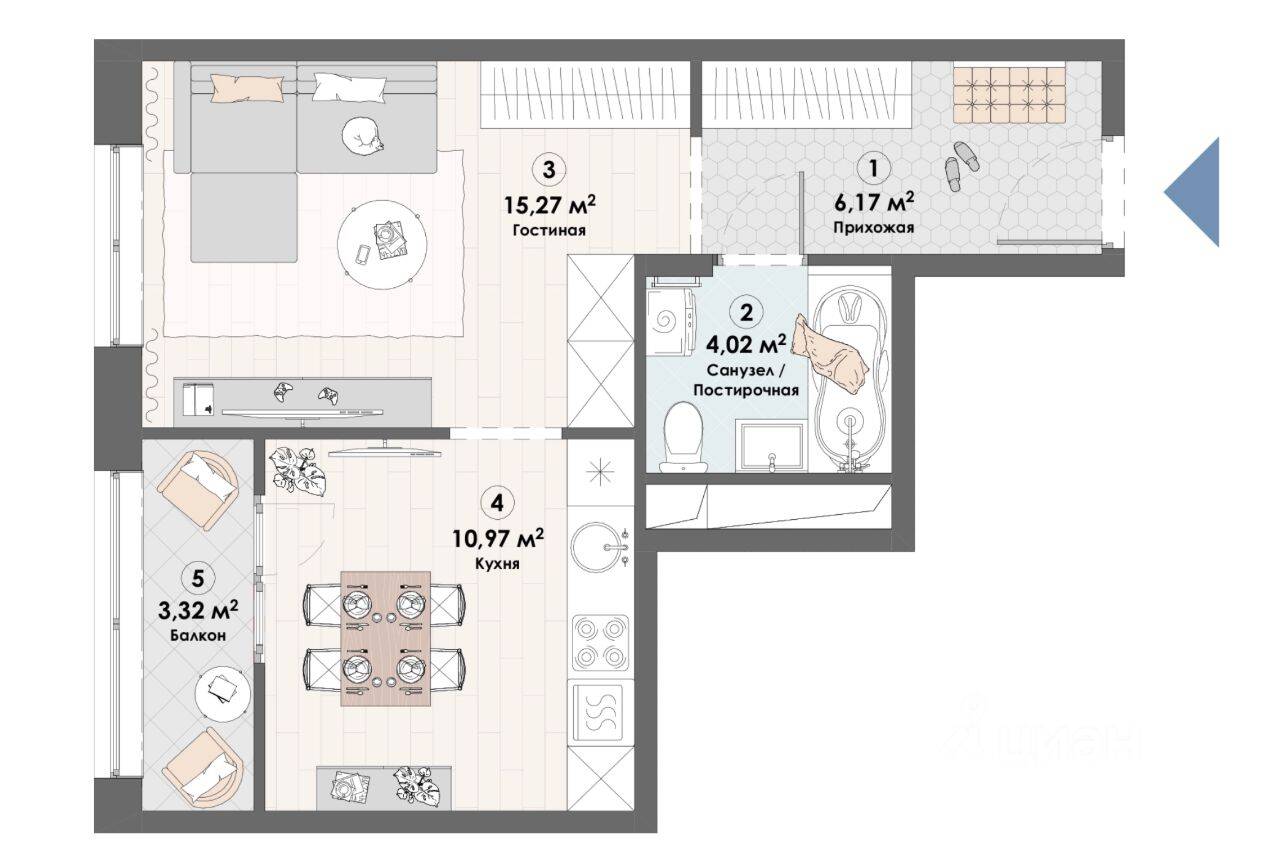 1-комн. квартира, 39,75 м², в ЖК «Триумф» (Пушкино)