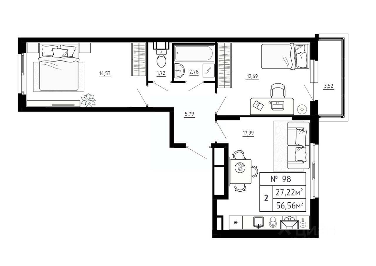 2-комн. квартира, 56,56 м², в Малоэтажный ЖК Аннино Сити