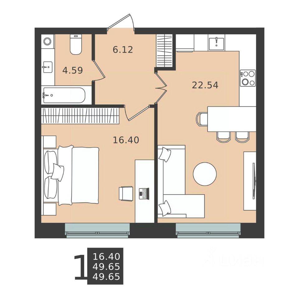 1-комн. квартира, 49,65 м², в ЖК Мишино-2