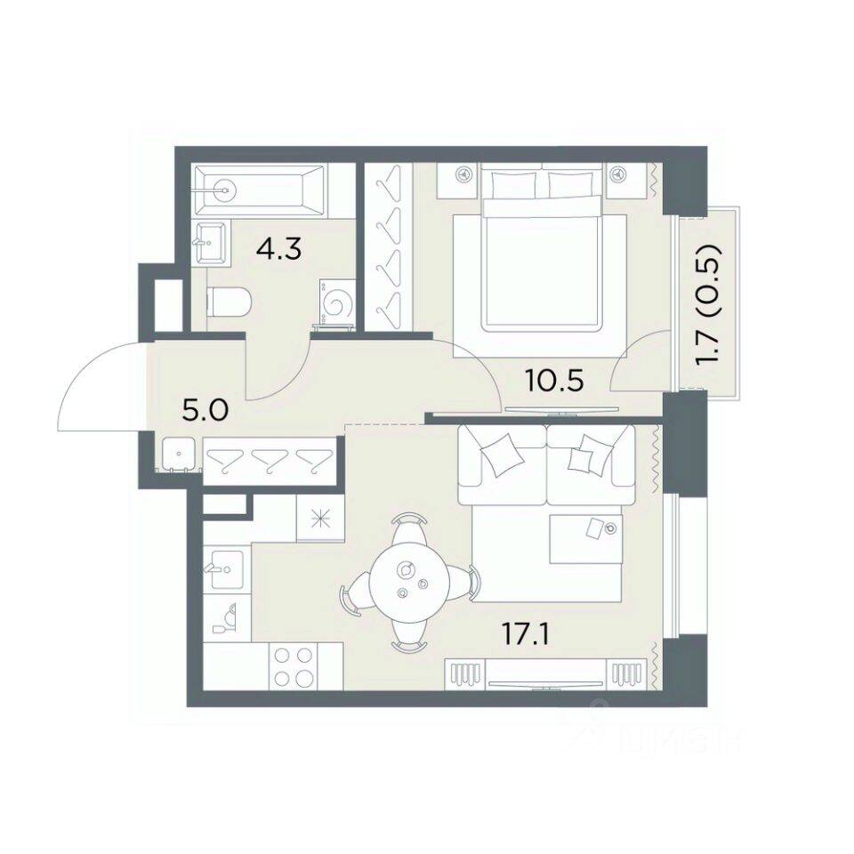 Планировка 1 комнатной квартиры, 37.4 м², в «Станиславский»