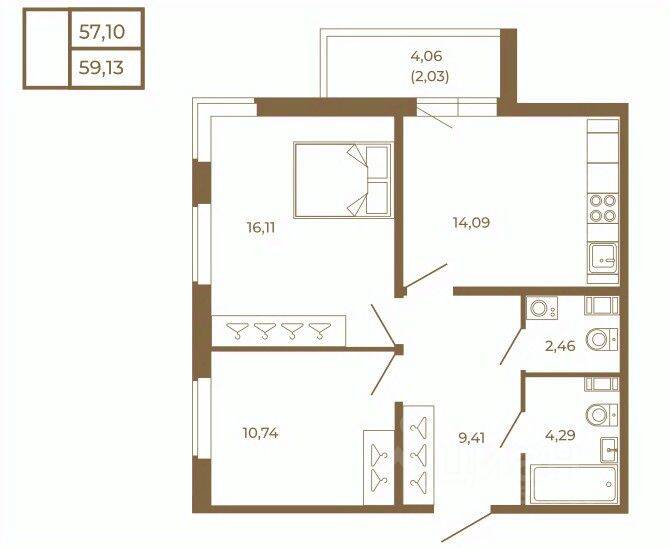 2-комн. квартира, 59,13 м², в Малоэтажный ЖК Новая история