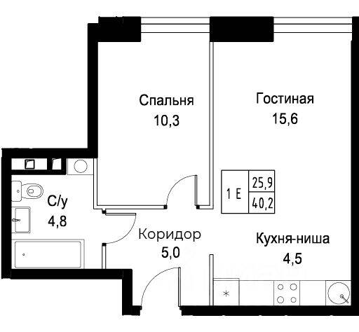 Планировка 1 комнатной квартиры, 40.2 м², в «Aist Residence»