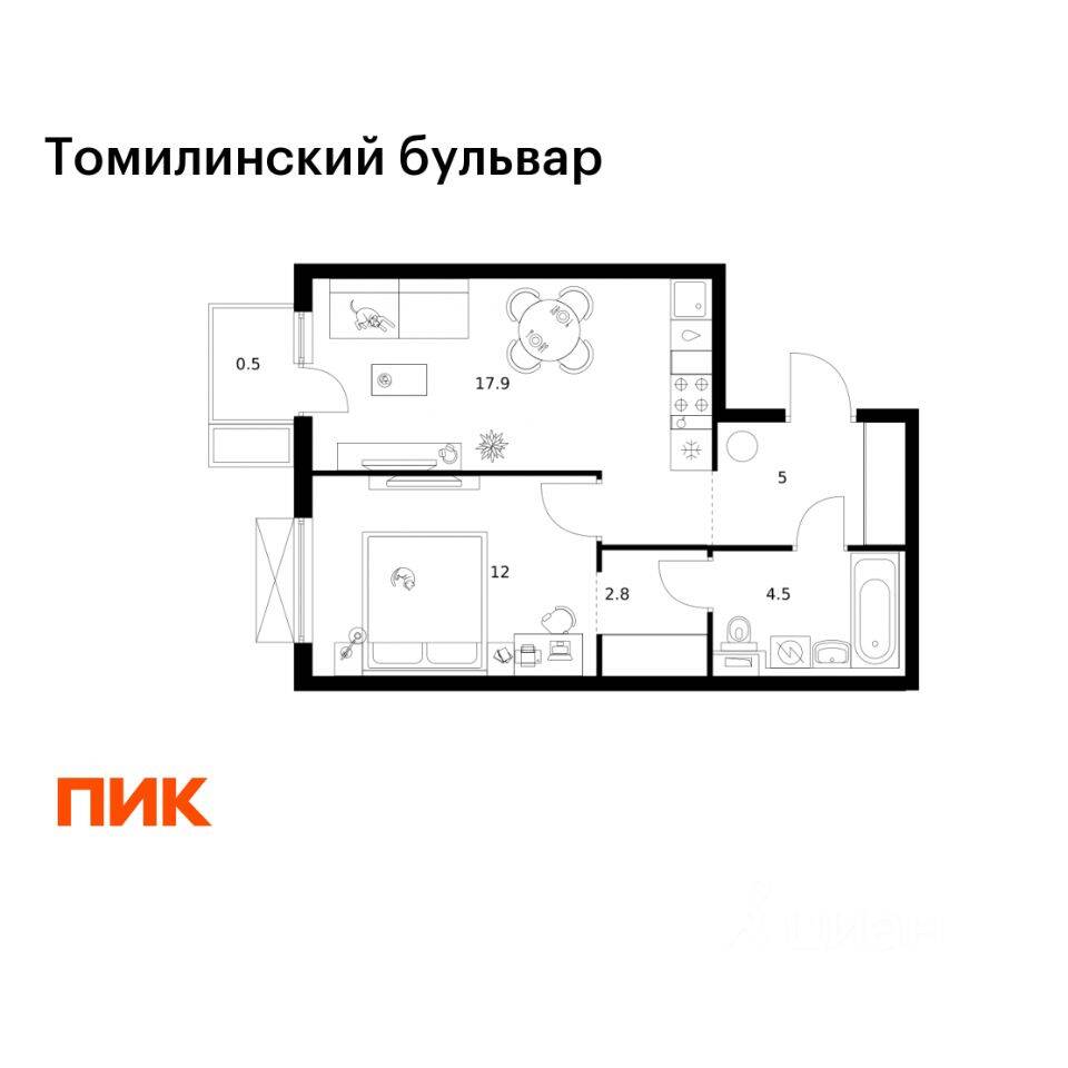 1-комн. квартира, 42,7 м², в ЖК Томилинский бульвар