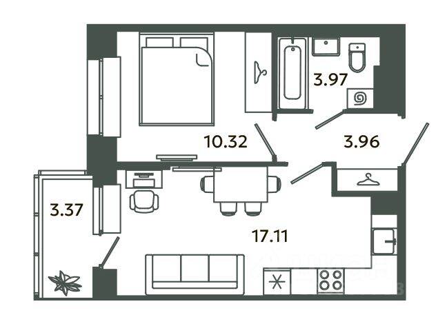 1-комн. квартира, 35,36 м², в ЖК Загляденье