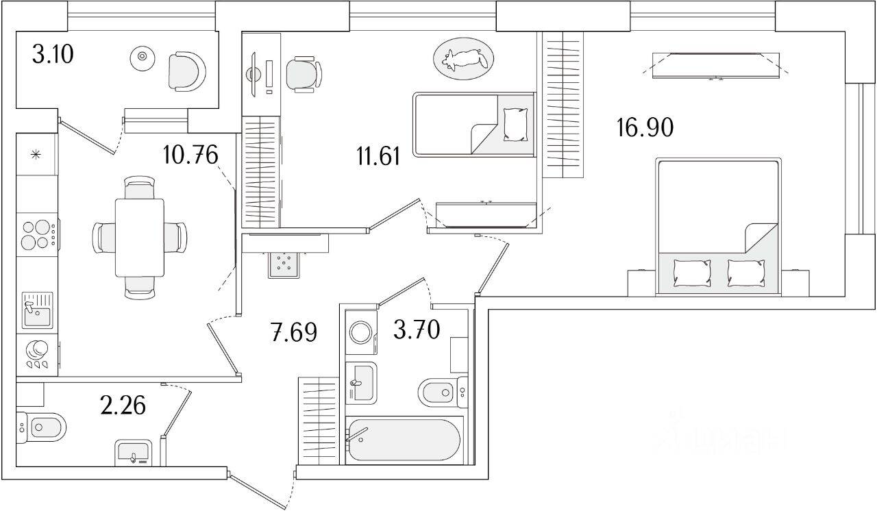 2-комн. квартира, 54,47 м², в ЖК «Аурум»
