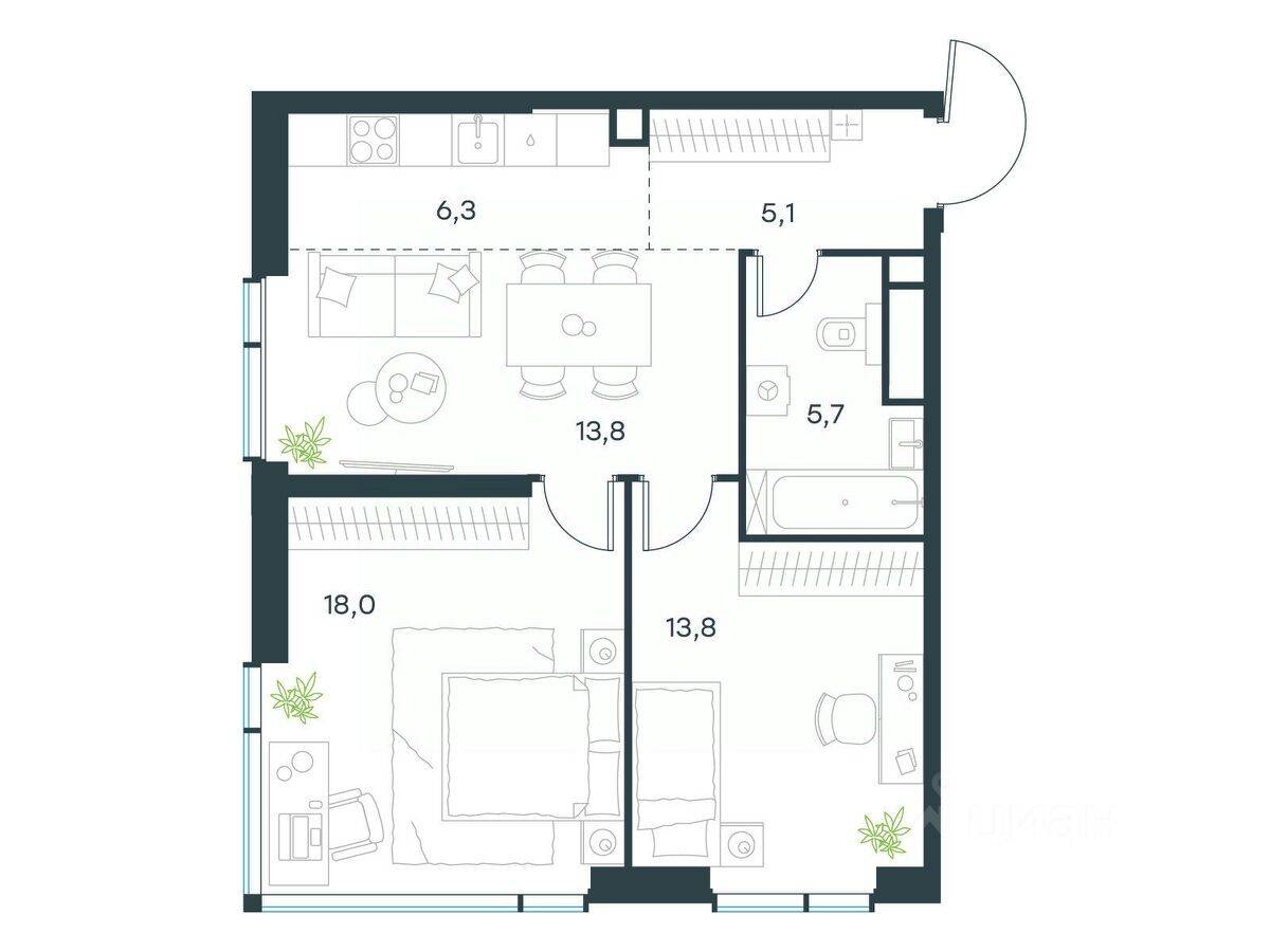 3-комн. квартира, 62,7 м², в ЖК Level Мичуринский