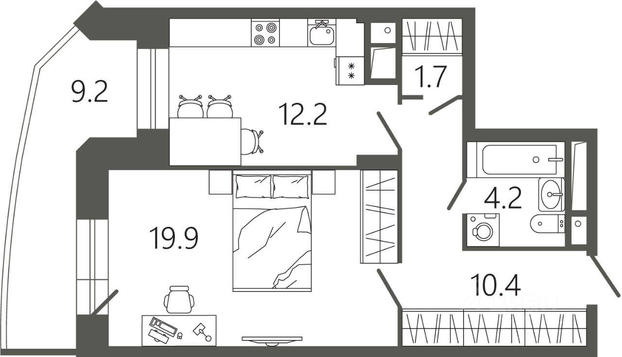Планировка 1 комнатной квартиры, 51.2 м², в «Советская 18»