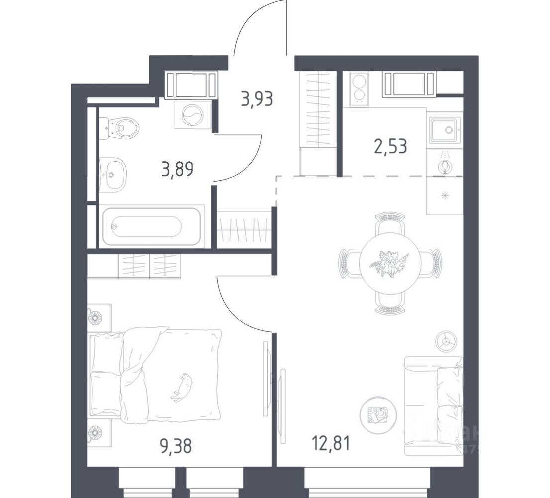 Планировка 1 комнатной квартиры, 32.54 м², в «Большое Путилково»