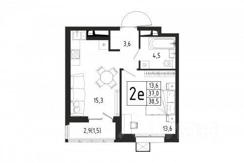 1-комн. квартира, 38,5 м², в ЖК «Берег»