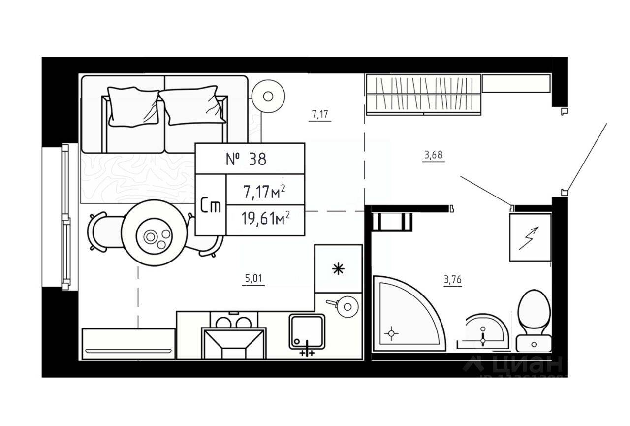 Планировка 1 комнатной квартиры, 19.61 м², в «Аннино Сити»