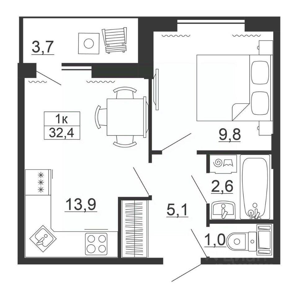 1-комн. квартира, 32,4 м², в ЖК Рубеж