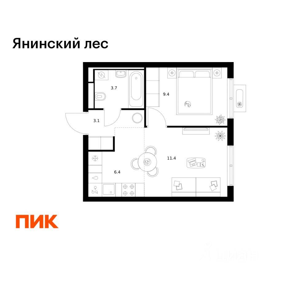 1-комн. квартира, 34 м², в ЖК Янинский лес