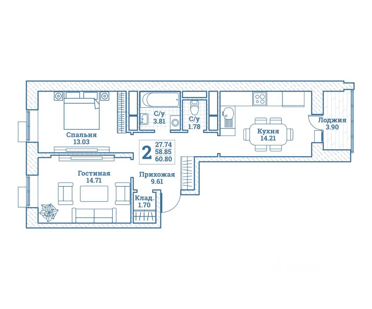 2-комн. квартира, 60,8 м², в ЖК Новоград Монино