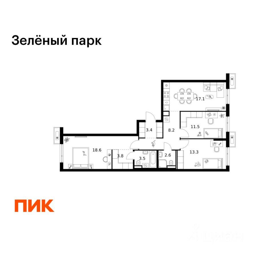 3-комн. квартира, 82 м², в ЖК Зеленый парк