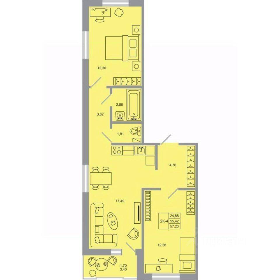 2-комн. квартира, 57,2 м², в ЖК Стороны света-2