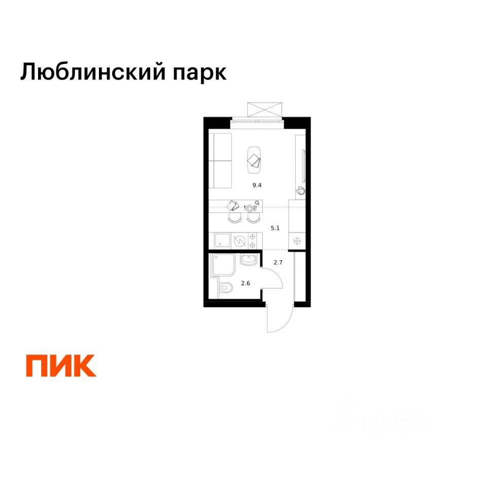Квартира-студия, 19,8 м², в ЖК «Люблинский парк»