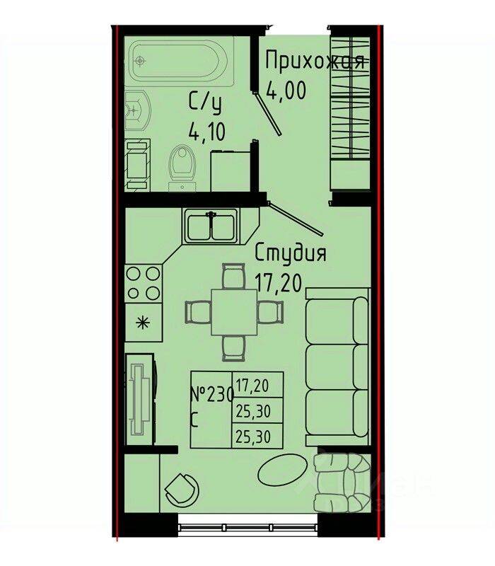Планировка 1 комнатной квартиры, 25.3 м², в «Pixel»
