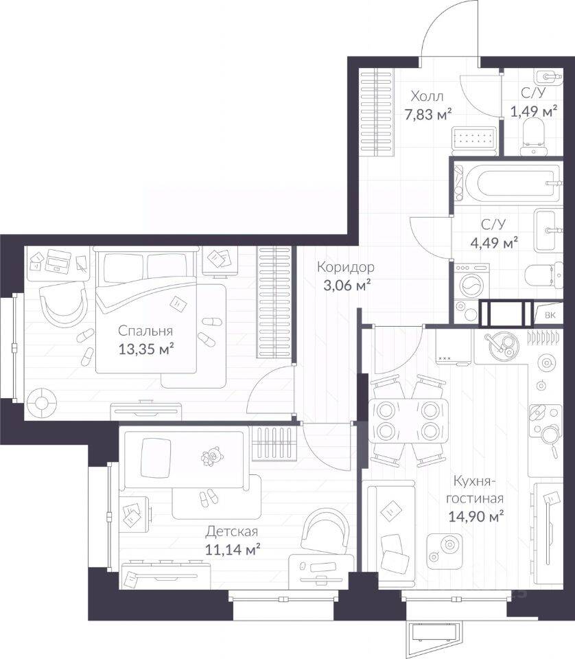 2-комн. квартира, 56,26 м², в ЖК ВЕРЕН НОРТ Сертолово