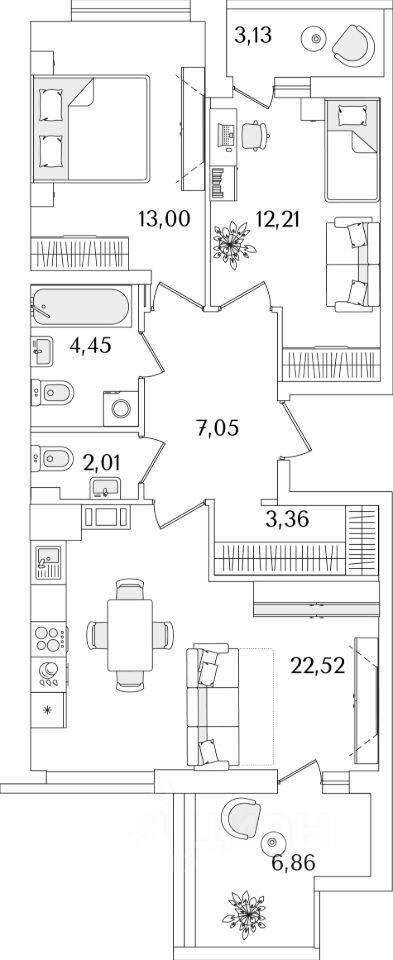 Планировка 2 комнатной квартиры, 69.8 м², в «Лайнеръ»