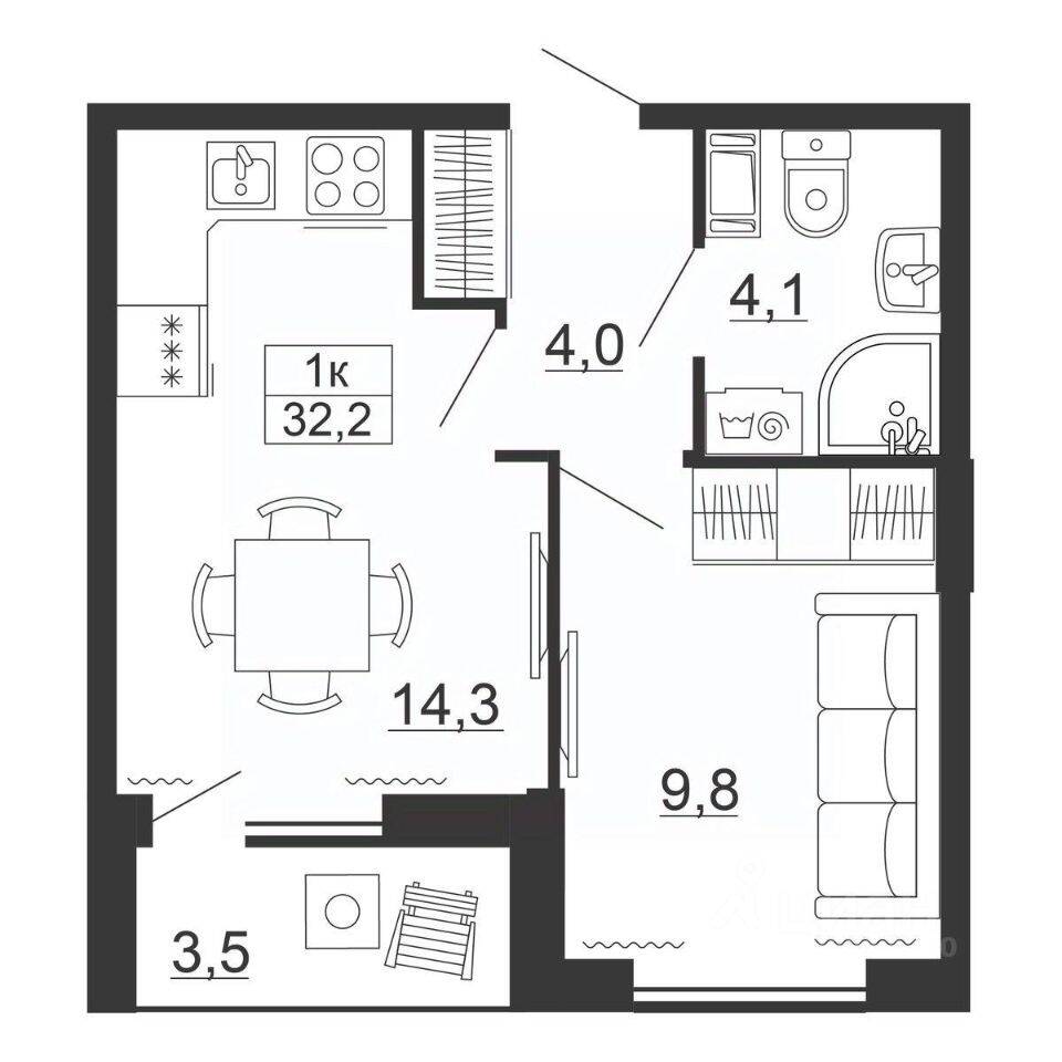 1-комн. квартира, 32,2 м², в ЖК Рубеж