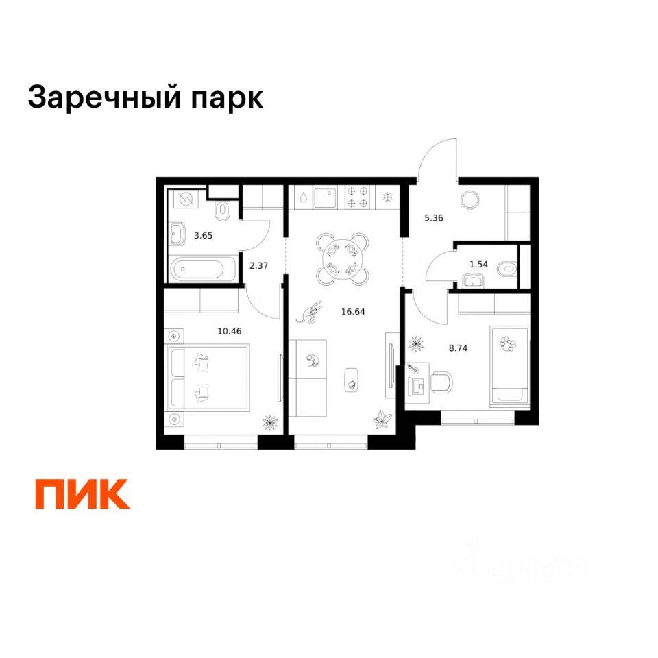 2-комн. квартира, 48,76 м², в ЖК Заречный парк