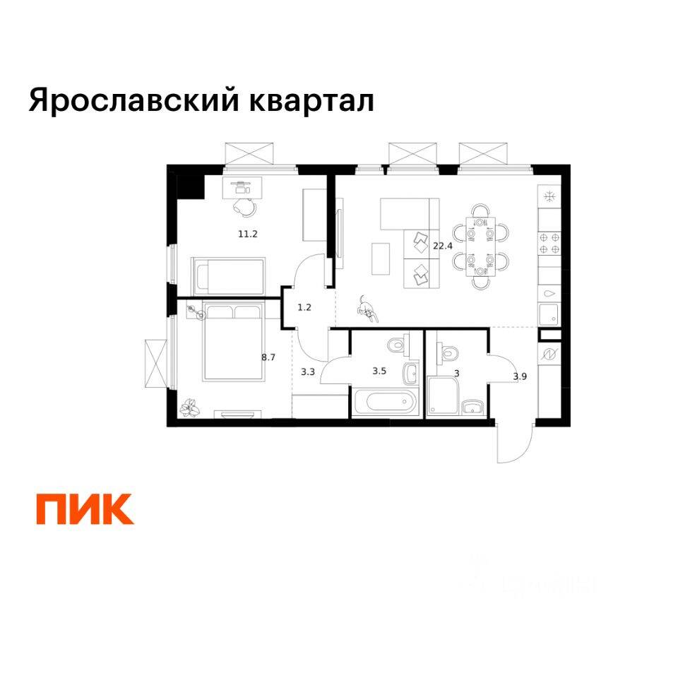 2-комн. квартира, 57,2 м², в ЖК Ярославский квартал