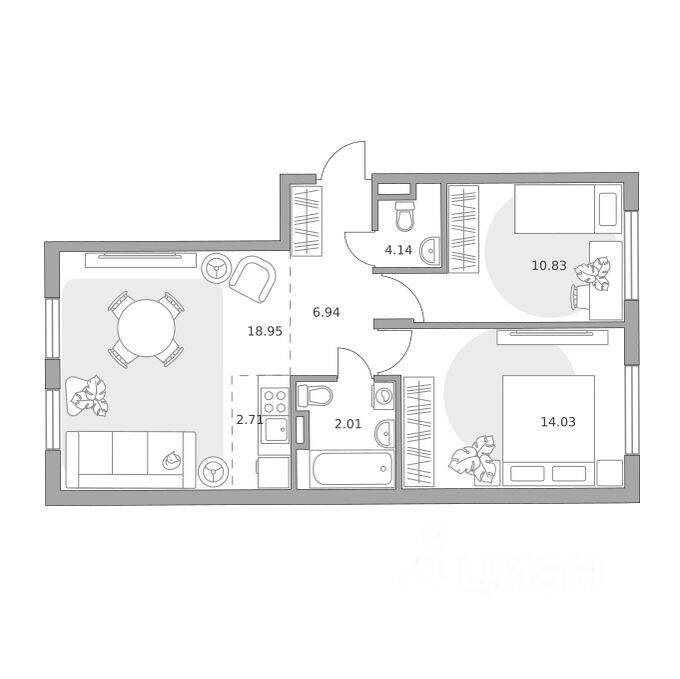3-комн. квартира, 59,61 м², в ЖК Аникеевский