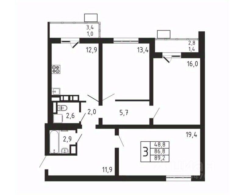 3-комн. квартира, 89,2 м², в ЖК «Пироговская Ривьера»