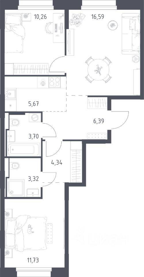 2-комн. квартира, 62 м², в ЖК Заречье Парк