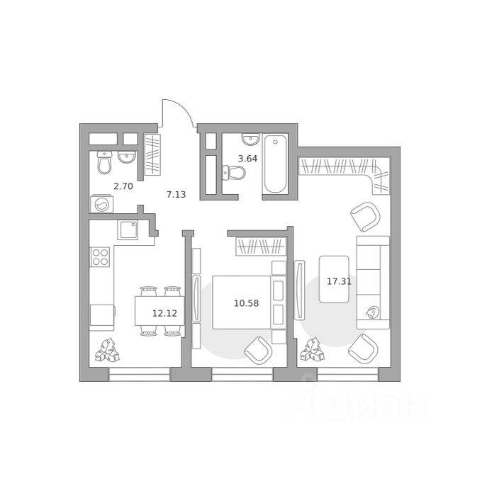 2-комн. квартира, 53,48 м², в Малоэтажный ЖК Живописный