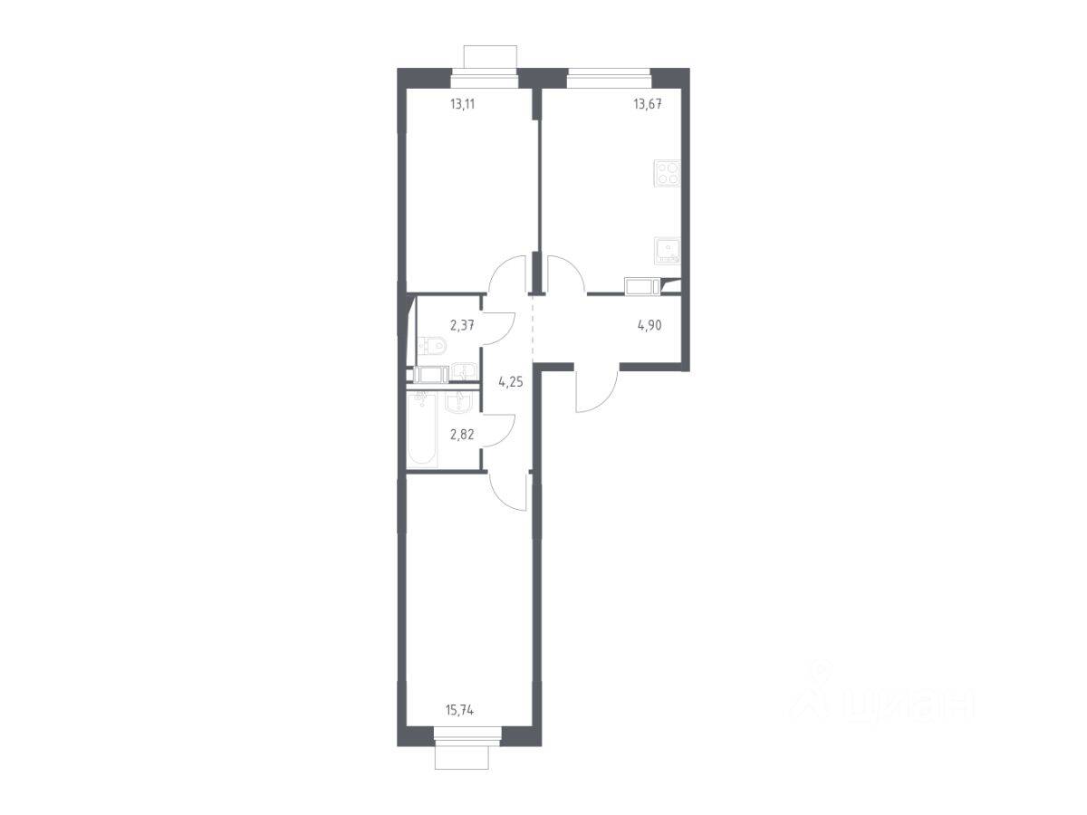 2-комн. квартира, 56,86 м², в ЖК Пятницкие Луга