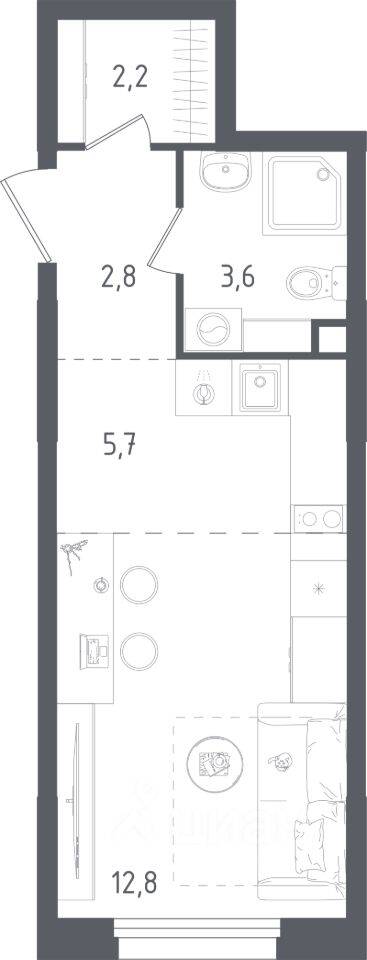 Планировка 1 комнатной квартиры, 27.1 м², в «Ольховый Квартал»