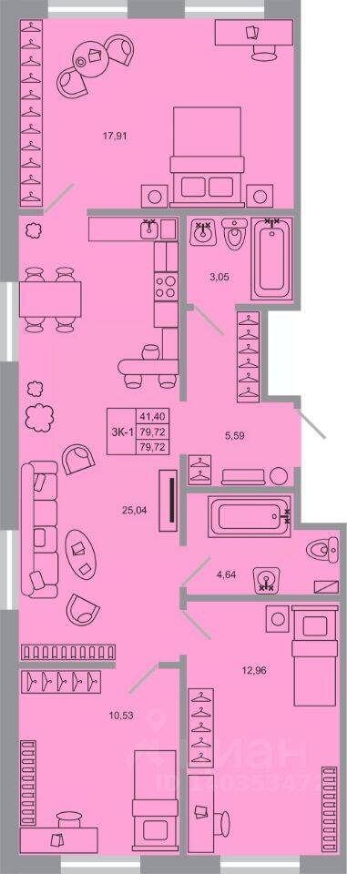 3-комн. квартира, 79,72 м², в ЖК Стороны света-2