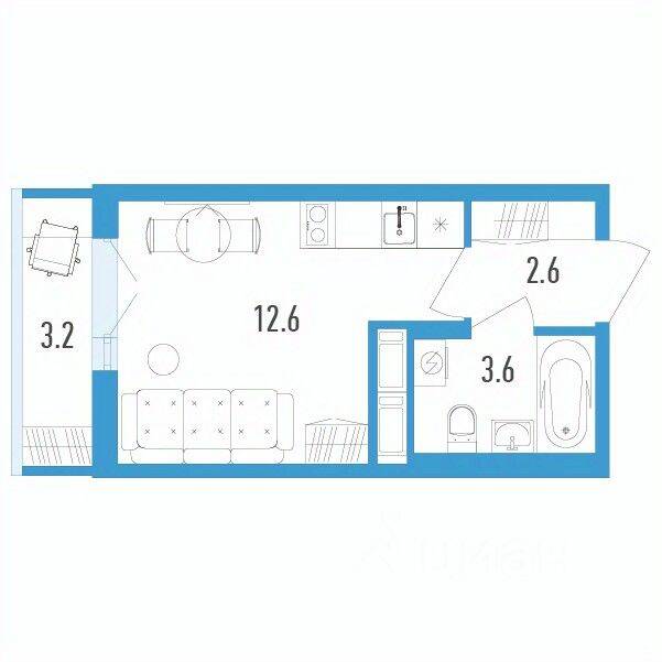 Планировка 1 комнатной квартиры, 19.8 м², в «Aerocity 4»