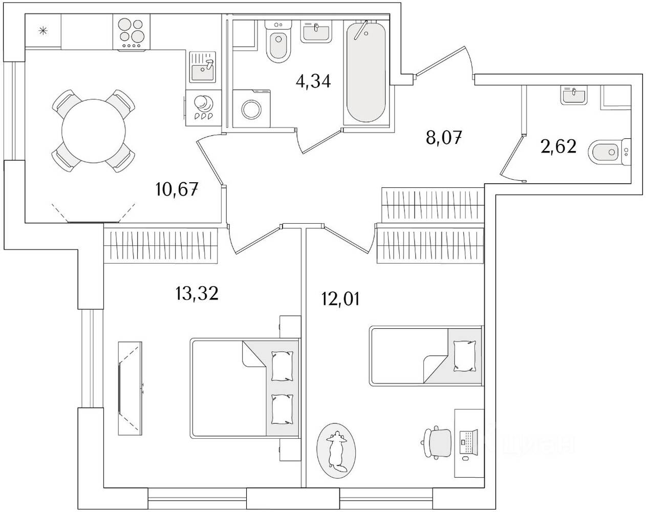 2-комн. квартира, 51,03 м², в ЖК Кинопарк