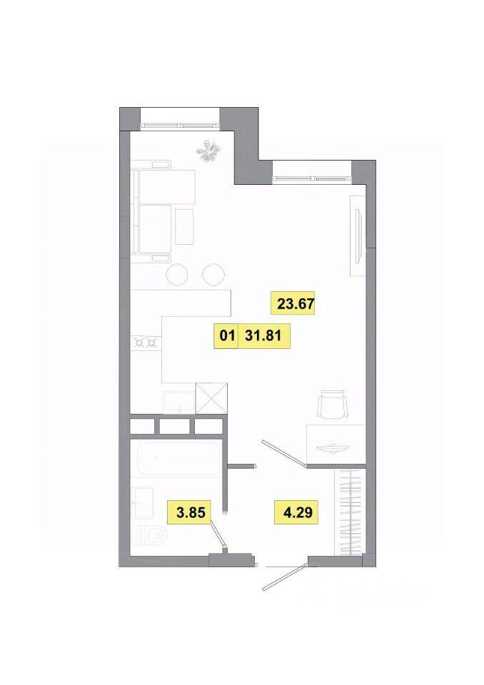 Планировка 1 комнатной квартиры, 31.81 м², в «Радость»
