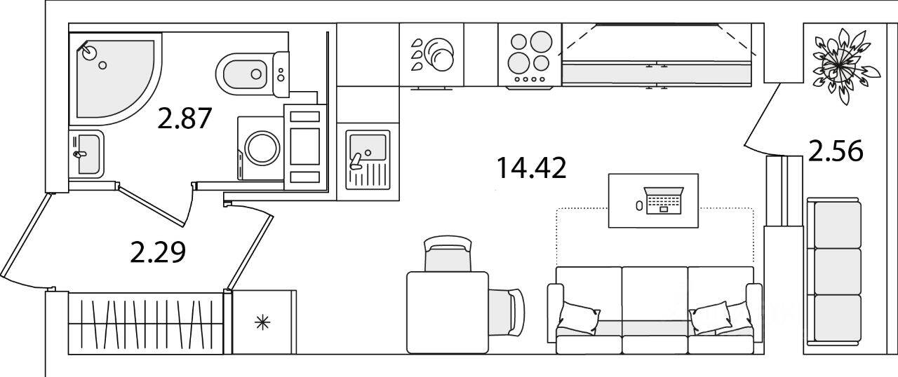 Планировка 1 комнатной квартиры, 20.86 м², в «Кинопарк»